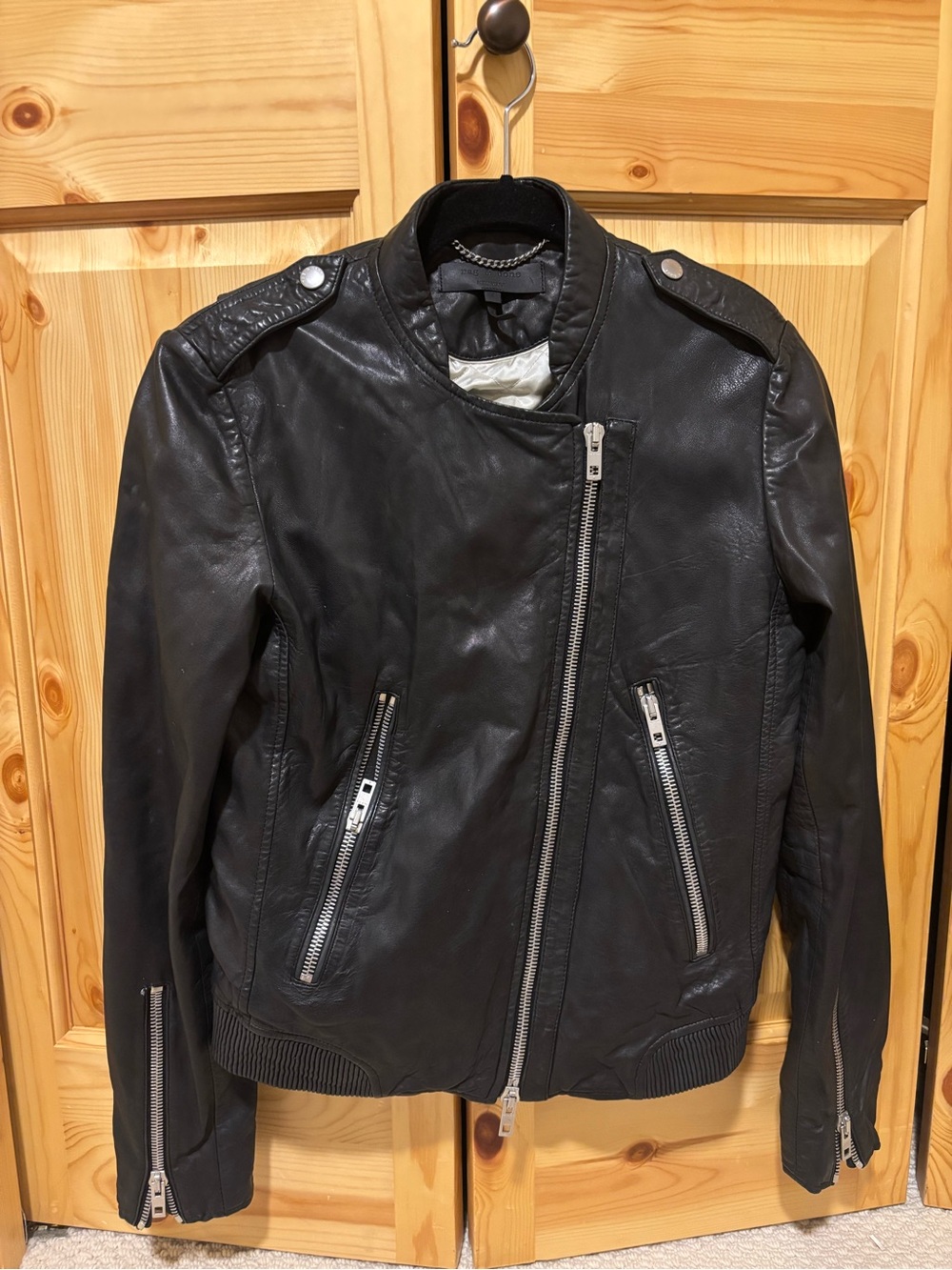 rag & bone Black Asymmetric Leather Bomber Jacket